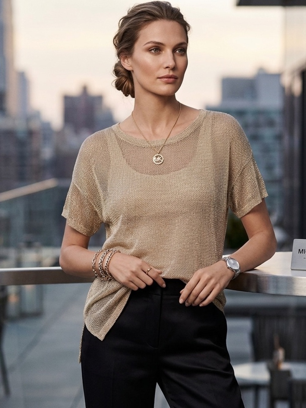 Michael Kors Womens Mesh Metallic Top